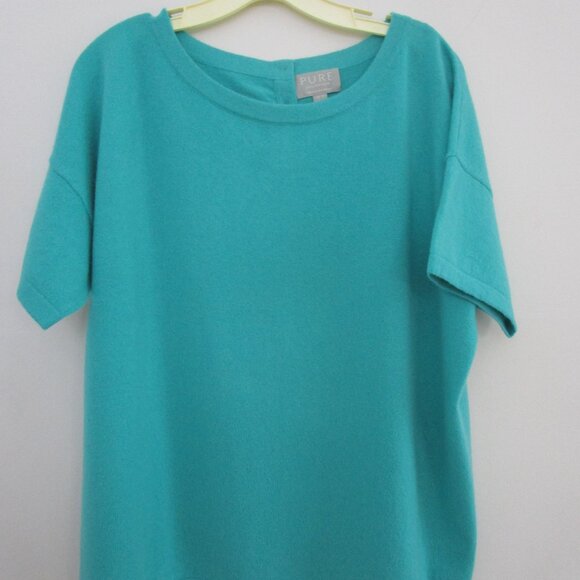 CASHMERE Knit Sweater Pullover Short Sleeve Oversized Boxy Teal Blue - Picture 5 of 8